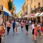 Tourists strolling down a picturesque Spanish street